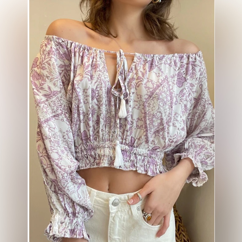 OLIVIACEOUS Purple Floral Print Crop Top with Tassels Size M